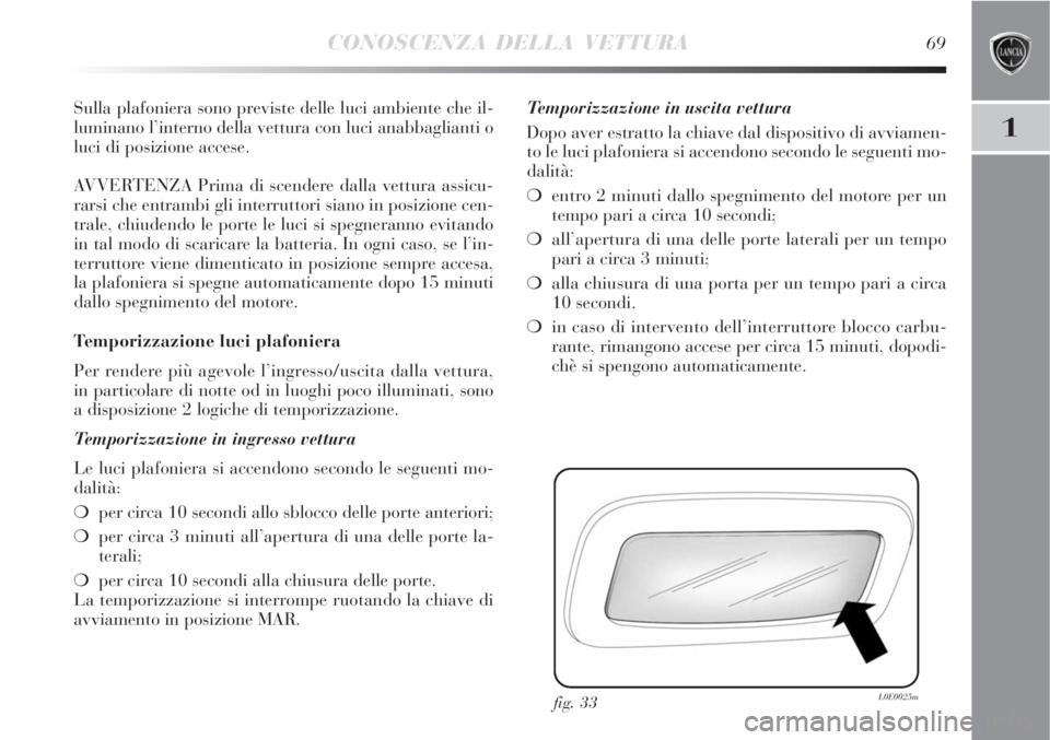 Lancia Delta 2008 Libretto Uso Manutenzione (in Italian) CONOSCENZA DELLA VETTURA69
1
Sulla plafoniera sono previste delle luci ambiente che il-
luminano l’interno della vettura con luci anabbaglianti o
luci di posizione accese.
AVVERTENZA Prima di scende Lancia Delta 2008 Libretto Uso Manutenzione (in Italian) CONOSCENZA DELLA VETTURA69
1
Sulla plafoniera sono previste delle luci ambiente che il-
luminano l’interno della vettura con luci anabbaglianti o
luci di posizione accese.
AVVERTENZA Prima di scende