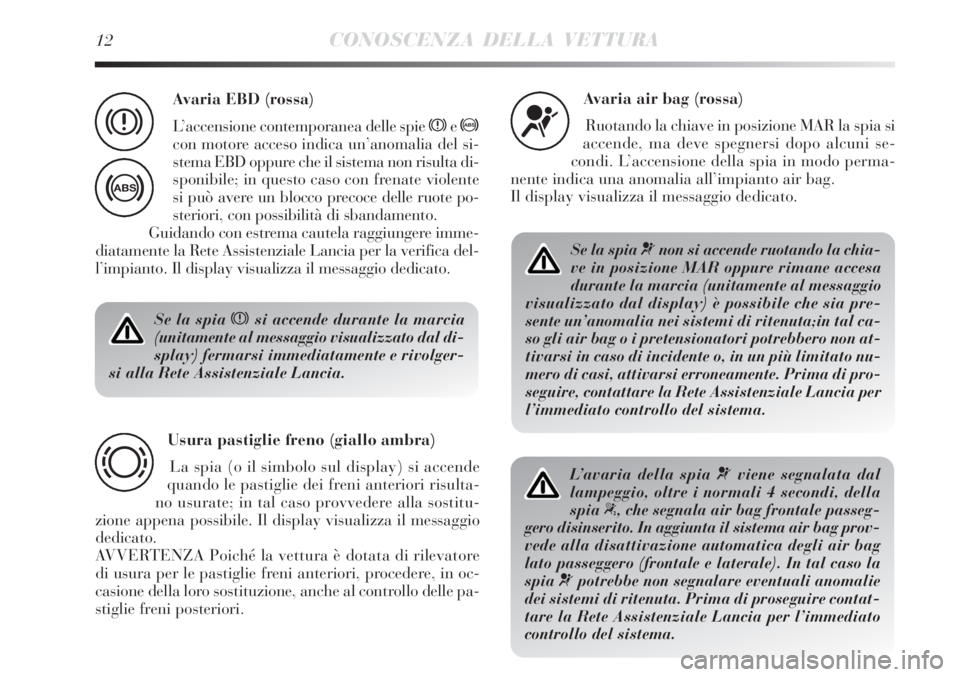 Lancia Delta 2013  Libretto Uso Manutenzione (in Italian) 12CONOSCENZA DELLA VETTURA
Se la spia xsi accende durante la marcia
(unitamente al messaggio visualizzato dal di-
splay) fermarsi immediatamente e rivolger-
si alla Rete Assistenziale Lancia.
Usura pa