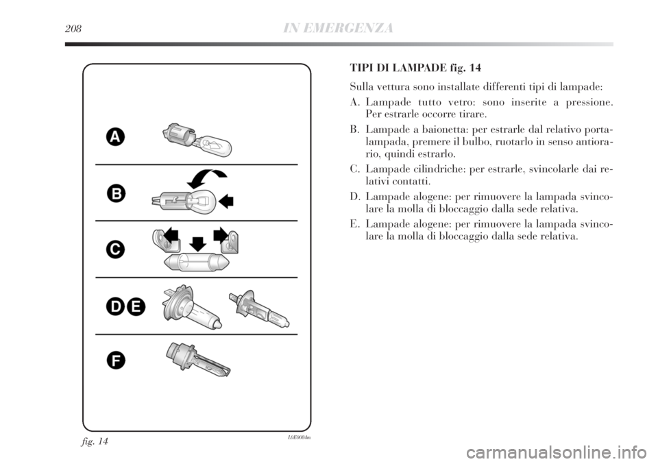 Lancia Delta 2012  Libretto Uso Manutenzione (in Italian) 208IN EMERGENZA
fig. 14L0E0084m
TIPI DI LAMPADE fig. 14
Sulla vettura sono installate differenti tipi di lampade:
A. Lampade tutto vetro: sono inserite a pressione. 
Per estrarle occorre tirare.
B. La
