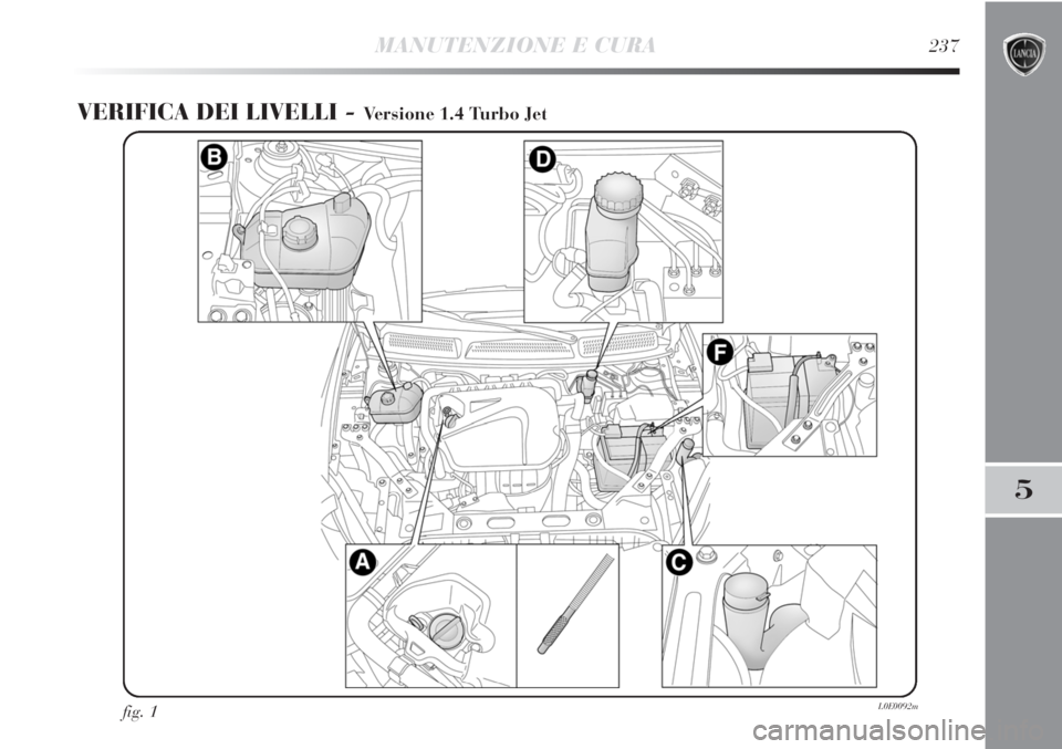 Lancia Delta 2012  Libretto Uso Manutenzione (in Italian) MANUTENZIONE E CURA237
5
VERIFICA DEI LIVELLI - Versione 1.4 Turbo Jet
fig. 1L0E0092m 