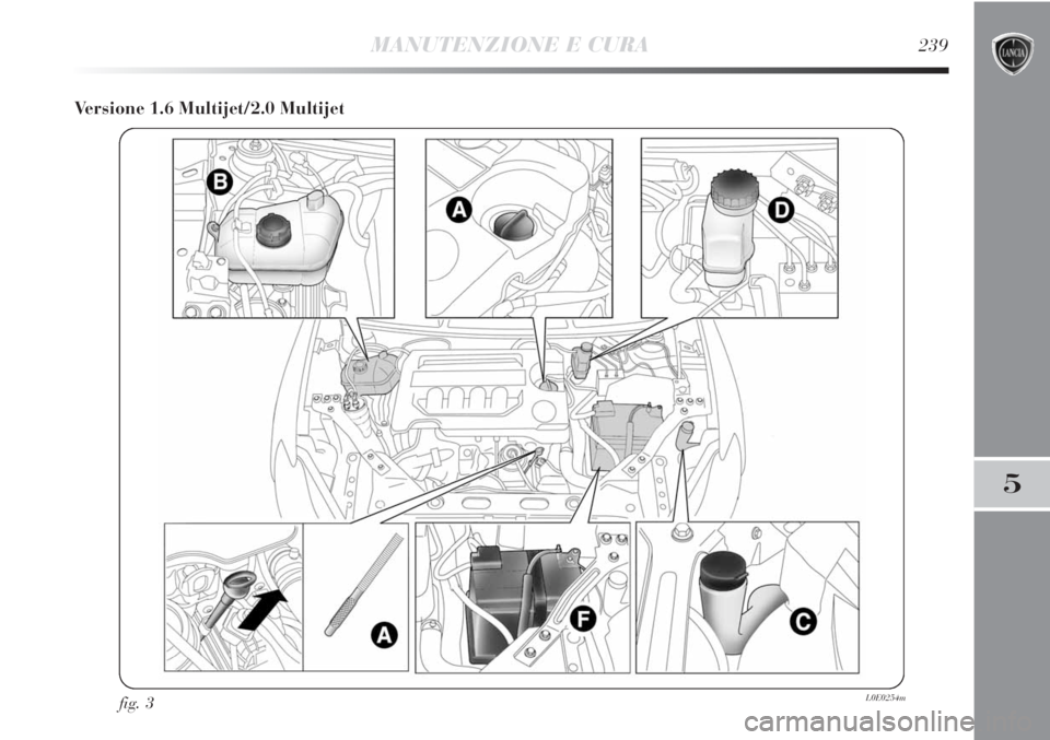 Lancia Delta 2012  Libretto Uso Manutenzione (in Italian) MANUTENZIONE E CURA239
5
Versione 1.6 Multijet/2.0 Multijet
fig. 3L0E0254m 