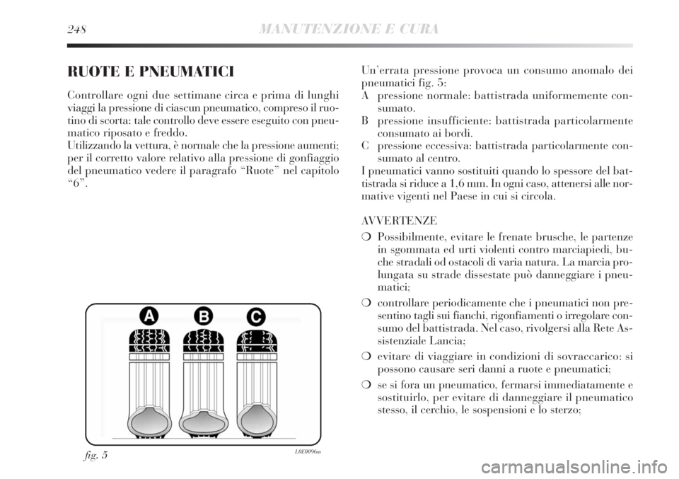 Lancia Delta 2013  Libretto Uso Manutenzione (in Italian) 248MANUTENZIONE E CURA
RUOTE E PNEUMATICI
Controllare ogni due settimane circa e prima di lunghi
viaggi la pressione di ciascun pneumatico, compreso il ruo-
tino di scorta: tale controllo deve essere 