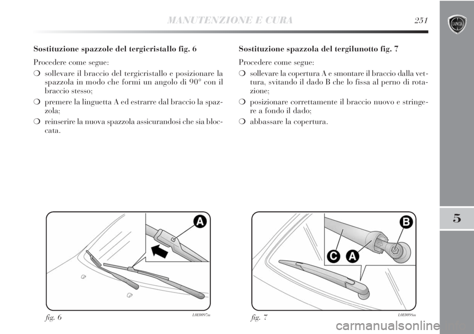 Lancia Delta 2013  Libretto Uso Manutenzione (in Italian) MANUTENZIONE E CURA251
5
Sostituzione spazzole del tergicristallo fig. 6
Procedere come segue:
❍sollevare il braccio del tergicristallo e posizionare la
spazzola in modo che formi un angolo di 90° 