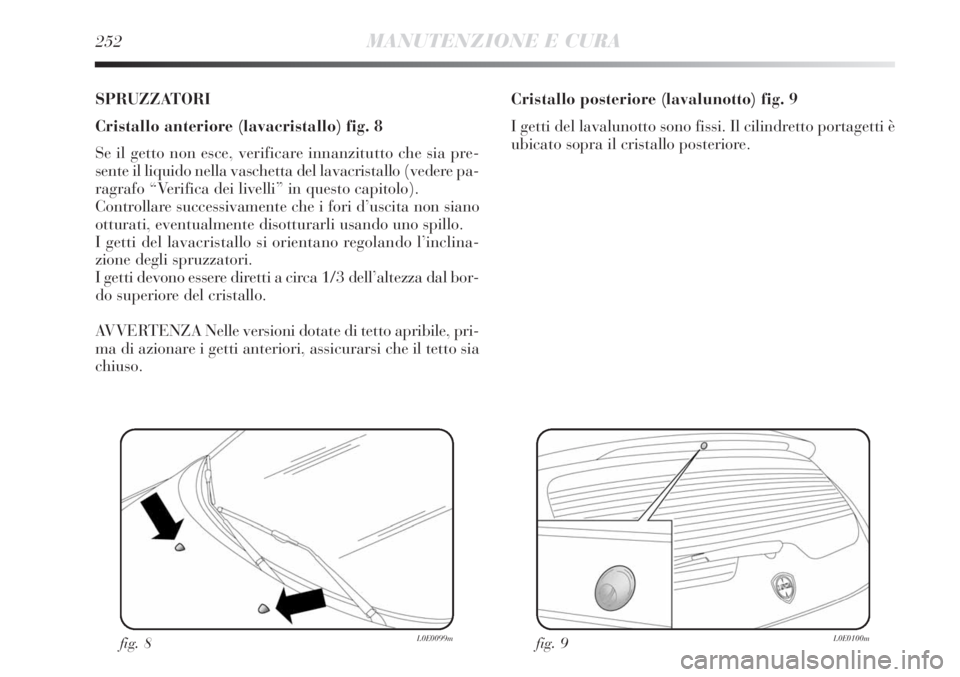 Lancia Delta 2013  Libretto Uso Manutenzione (in Italian) 252MANUTENZIONE E CURA
SPRUZZATORI
Cristallo anteriore (lavacristallo) fig. 8
Se il getto non esce, verificare innanzitutto che sia pre-
sente il liquido nella vaschetta del lavacristallo (vedere pa-
