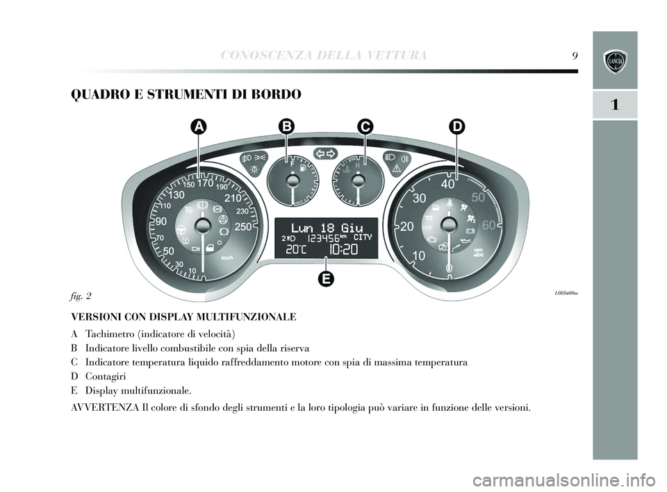 Lancia Delta 2015  Libretto Uso Manutenzione (in Italian) 1
CONOSCENZA DELLA VETTURA9
QUADRO E STRUMENTI DI BORDO
VERSIONI CON DISPLAY MULTIFUNZIONALE
A Tachimetro (indicatore di velocità)
B Indicatore livello combustibile con s pia della ri serva
C Indicat