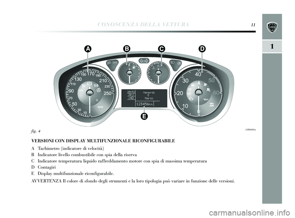 Lancia Delta 2015  Libretto Uso Manutenzione (in Italian) CONOSCENZA DELLA VETTURA11
1
VERSIONI CON DISPLAY MULTIFUNZIONALE RICONFIGURABILE 
A Tachimetro (indicatore di velocità)
B Indicatore livello combu stibile con s pia della ris erva
C Indicatore tempe