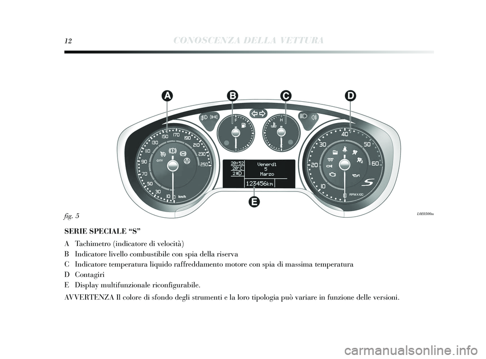 Lancia Delta 2015  Libretto Uso Manutenzione (in Italian) 12CONOSCENZA DELLA VETTURA
SERIE SPECIALE “S”
A Tachimetro (indicatore di velocità)
B Indicatore livello combu stibile con s pia della ris erva
C Indicatore temperatura liquido raffreddamento mot