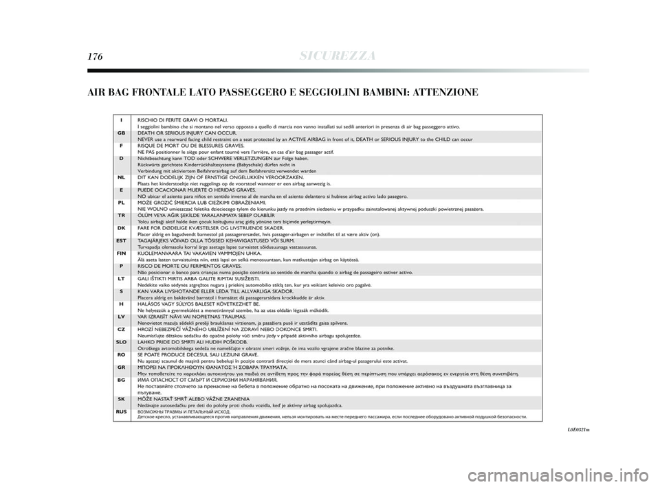 Lancia Delta 2015  Libretto Uso Manutenzione (in Italian) 176SICUREZZA
AIR BAG FRONTALE LATO PASSEGGERO E SEGGIOLINI BAMBINI: ATTENZIONE
L0E0321m
155-182 Delta I 1ed  26/08/13  10.08  Pagina 176 
