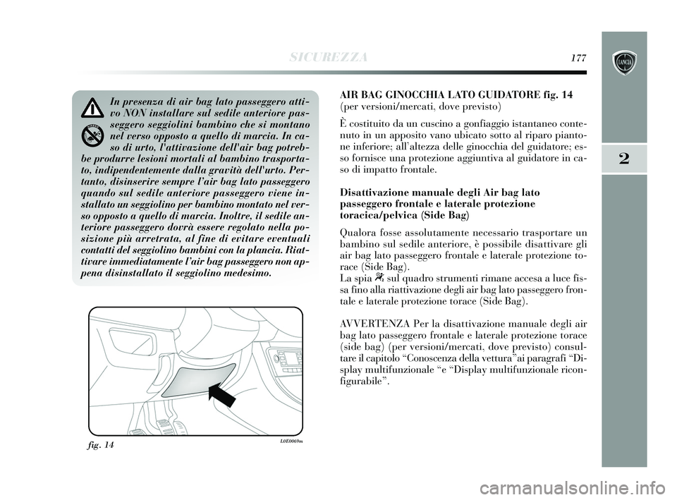 Lancia Delta 2015  Libretto Uso Manutenzione (in Italian) SICUREZZA177
2
AIR BAG GINOCCHIA LATO GUIDATORE fig. 14
(per versioni/mercati, dove previsto)
È costituito da un cuscino a gonfiaggio istantaneo conte-
nuto in un apposito vano ubicato sotto al ripar