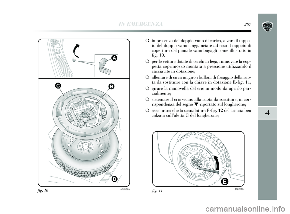 Lancia Delta 2015  Libretto Uso Manutenzione (in Italian) IN EMERGENZA207
4
fig. 10L0E0081m
❍in presenza del doppio vano di carico, alzare il tappe-
to del doppio vano e agganciare ad esso il tappeto di
copertura del pianale vano bagagli come illustrato in