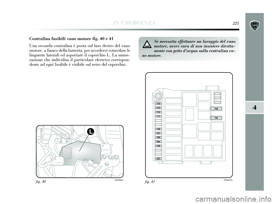 Lancia Delta 2015  Libretto Uso Manutenzione (in Italian) IN EMERGENZA225
4
Centralina fusibili vano motore fig. 40 e 41
Una seconda centralina è posta sul lato destro del vano
motore, a fianco della batteria, per accedervi svincolare le
linguette laterali 