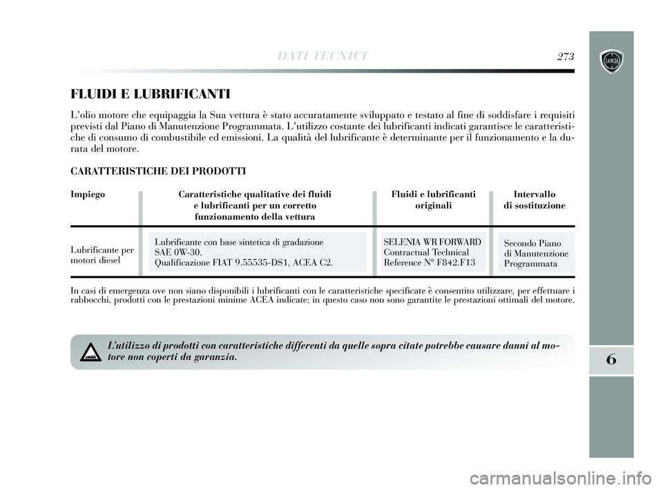 Lancia Delta 2015 Libretto Uso Manutenzione (in Italian) DATI TECNICI273
6
In casi di emergenza ove non siano disponibili i lubrificanti con le caratteristiche sp\
ecificate è consentito utilizzare, per effettuare i
rabbocchi, prodotti con le prestazioni m Lancia Delta 2015 Libretto Uso Manutenzione (in Italian) DATI TECNICI273
6
In casi di emergenza ove non siano disponibili i lubrificanti con le caratteristiche sp\
ecificate è consentito utilizzare, per effettuare i
rabbocchi, prodotti con le prestazioni m