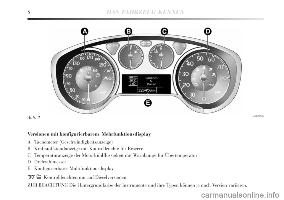 Lancia Delta 2009  Betriebsanleitung (in German) 8DAS FAHRZEUG KENNEN
Versionen mit konfigurierbarem  Mehrfunktionsdisplay
A Tachometer (Geschwindigkeitsanzeige)
B Kraftstoffstandanzeige mit Kontrolleuchte für Reserve
C Temperaturanzeige der Motork