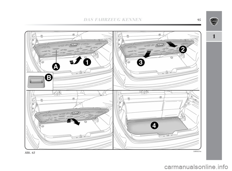 Lancia Delta 2010  Betriebsanleitung (in German) DAS FAHRZEUG KENNEN95
1
Abb. 63L0E0221m
001-142 Delta 3ed D  30-11-2009  16:39  Pagina 95 