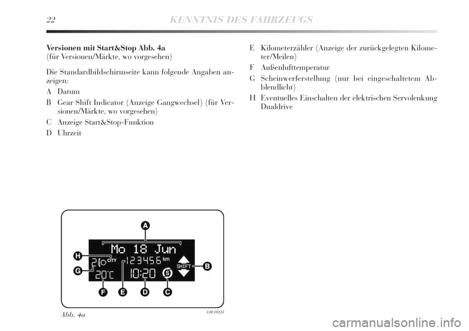 Lancia Delta 2011  Betriebsanleitung (in German) 22KENNTNIS DES FAHRZEUGS
Versionen mit Start&Stop Abb. 4a
(für Versionen/Märkte, wo vorgesehen)
Die Standardbildschirmseite kann folgende Angaben an-
zeigen:
ADatum
B Gear Shift Indicator (Anzeige G