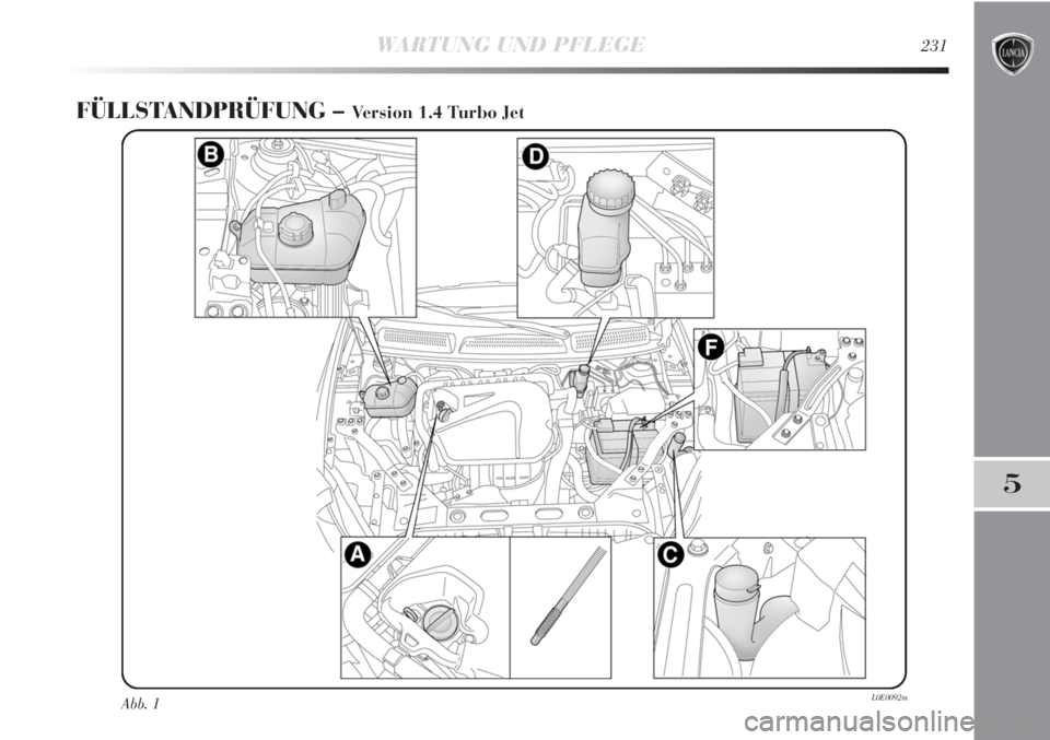 Lancia Delta 2011  Betriebsanleitung (in German) WARTUNG UND PFLEGE231
5
FÜLLSTANDPRÜFUNG – Version 1.4 Turbo Jet
Abb. 1L0E0092m 