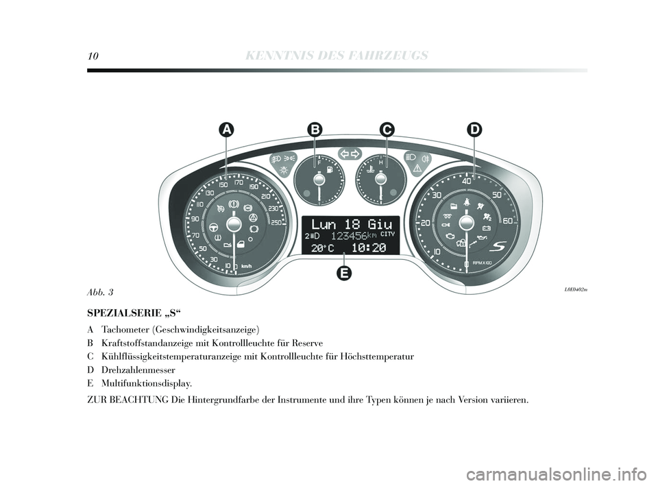 Lancia Delta 2015  Betriebsanleitung (in German) 10KENNTNIS DES FAHRZEUGS
SPEZIALSERIE „S“
A Tachometer (Geschwindigkeits anzeige)
B Krafts toffstandanzeige mit Kontrollleuchte für Re serve
C Kühlflüssigkeits temperaturanzeige mit Kontrollleu