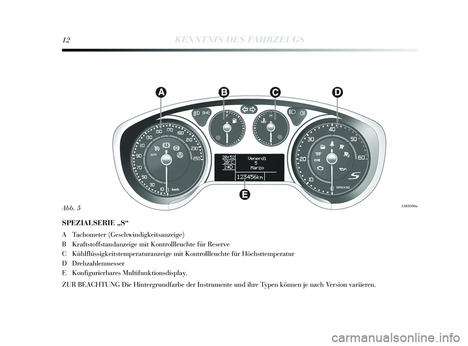 Lancia Delta 2015  Betriebsanleitung (in German) 12KENNTNIS DES FAHRZEUGS
SPEZIALSERIE „S“
A Tachometer (Geschwindigkeits anzeige)
B Krafts toffstandanzeige mit Kontrollleuchte für Re serve
C Kühlflüssigkeits temperaturanzeige mit Kontrollleu