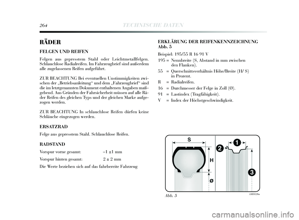 Lancia Delta 2015 Betriebsanleitung (in German) 264TECHNISCHE DATEN
RÄDER
FELGEN UND REIFEN
Felgen aus gepresstem Stahl oder Leichtmetallfelgen.
Schlauchlose Radialreifen. Im Fahrzeugbrief sind außerdem
alle zugelassenen Reifen aufgeführt.
ZUR B Lancia Delta 2015 Betriebsanleitung (in German) 264TECHNISCHE DATEN
RÄDER
FELGEN UND REIFEN
Felgen aus gepresstem Stahl oder Leichtmetallfelgen.
Schlauchlose Radialreifen. Im Fahrzeugbrief sind außerdem
alle zugelassenen Reifen aufgeführt.
ZUR B