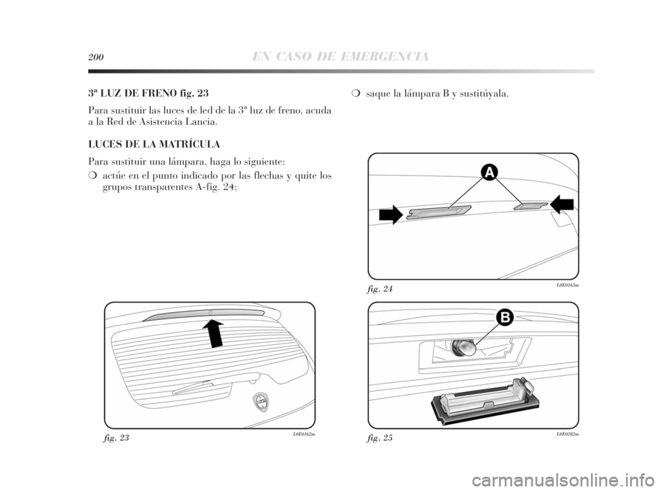 Lancia Delta 2010  Manual de Empleo y Cuidado (in Spanish) 200EN CASO DE EMERGENCIA
3ª LUZ DE FRENO fig. 23
Para sustituir las luces de led de la 3ª luz de freno, acuda
a la Red de Asistencia Lancia.
LUCES DE LA MATRÍCULA
Para sustituir una lámpara, haga 