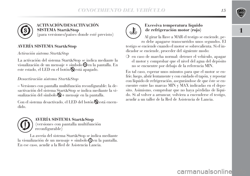 Lancia Delta 2013 Manual de Empleo y Cuidado (in Spanish) CONOCIMIENTO DEL VEHÍCULO15
1
ACTIVACIÓN/DESACTIVACIÓN
SISTEMA Start&Stop
(para versiones/países donde esté previsto)
AVERÍA SISTEMA Start&Stop
Activación sistema Start&Stop
La activación del Lancia Delta 2013 Manual de Empleo y Cuidado (in Spanish) CONOCIMIENTO DEL VEHÍCULO15
1
ACTIVACIÓN/DESACTIVACIÓN
SISTEMA Start&Stop
(para versiones/países donde esté previsto)
AVERÍA SISTEMA Start&Stop
Activación sistema Start&Stop
La activación del
