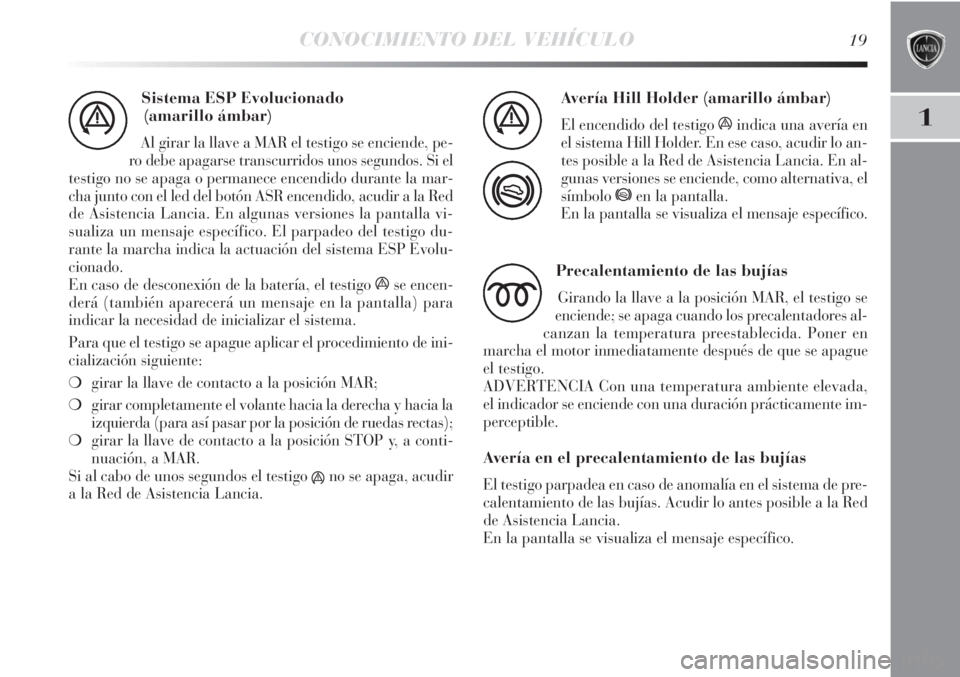 Lancia Delta 2013 Manual de Empleo y Cuidado (in Spanish) CONOCIMIENTO DEL VEHÍCULO19
1
Sistema ESP Evolucionado
(amarillo ámbar)
Al girar la llave a MAR el testigo se enciende, pe-
ro debe apagarse transcurridos unos segundos. Si el
testigo no se apaga o Lancia Delta 2013 Manual de Empleo y Cuidado (in Spanish) CONOCIMIENTO DEL VEHÍCULO19
1
Sistema ESP Evolucionado
(amarillo ámbar)
Al girar la llave a MAR el testigo se enciende, pe-
ro debe apagarse transcurridos unos segundos. Si el
testigo no se apaga o