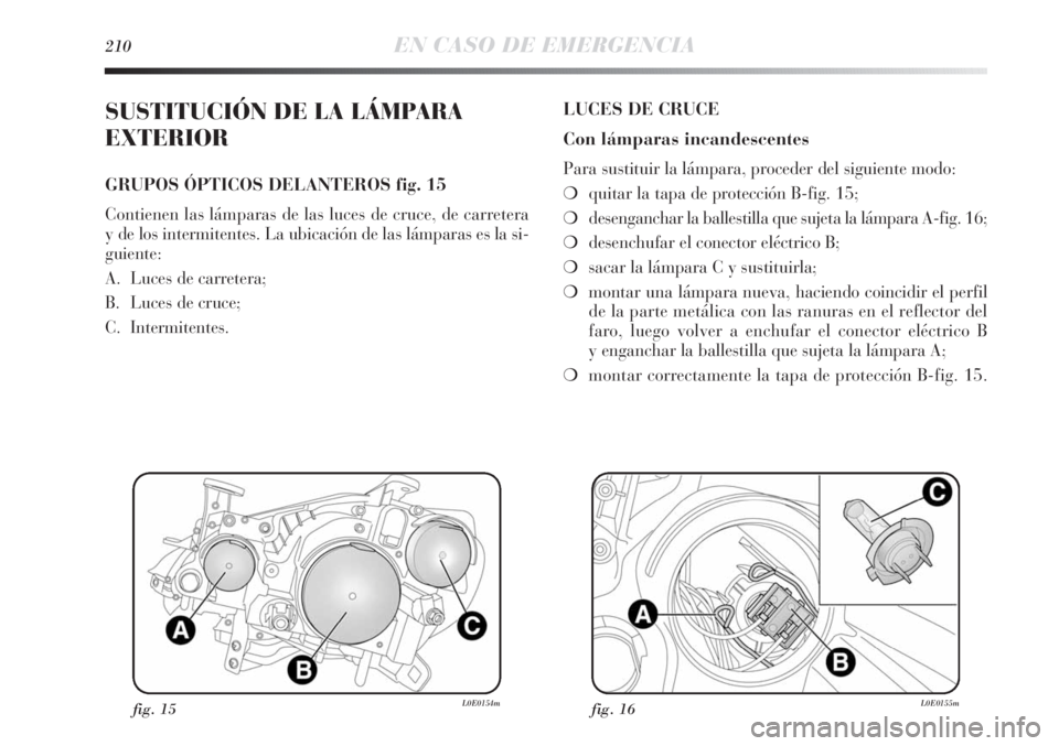 Lancia Delta 2013  Manual de Empleo y Cuidado (in Spanish) 210EN CASO DE EMERGENCIA
SUSTITUCIÓN DE LA LÁMPARA
EXTERIOR
GRUPOS ÓPTICOS DELANTEROS fig. 15
Contienen las lámparas de las luces de cruce, de carretera
y de los intermitentes. La ubicación de la