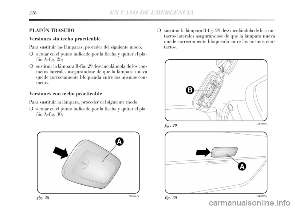Lancia Delta 2013  Manual de Empleo y Cuidado (in Spanish) 216EN CASO DE EMERGENCIA
fig. 28L0E0167mfig. 30L0E0169m
fig. 29L0E0168m
PLAFÓN TRASERO
Versiones sin techo practicable
Para sustituir las lámparas, proceder del siguiente modo:
❍actuar en el punto