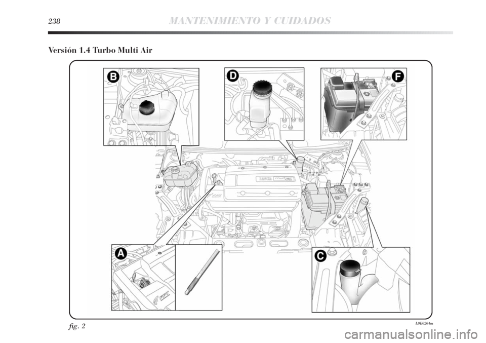 Lancia Delta 2013  Manual de Empleo y Cuidado (in Spanish) 238MANTENIMIENTO Y CUIDADOS
Versión 1.4 Turbo Multi Air
fig. 2L0E0204m 