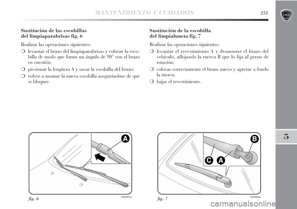 Lancia Delta 2013  Manual de Empleo y Cuidado (in Spanish) MANTENIMIENTO Y CUIDADOS251
5
Sustitución de las escobillas 
del limpiaparabrisas fig. 6
Realizar las operaciones siguientes:
❍levantar el brazo del limpiaparabrisas y colocar la esco-
billa de mod