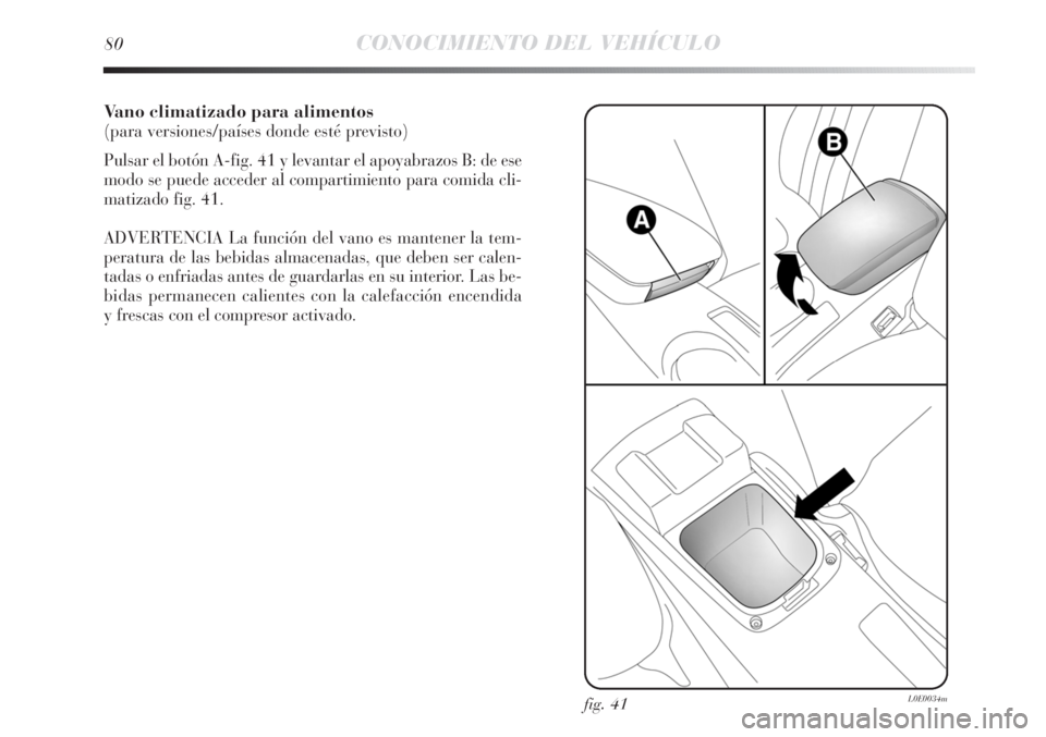 Lancia Delta 2013  Manual de Empleo y Cuidado (in Spanish) Vano climatizado para alimentos
(para versiones/países donde esté previsto)
Pulsar el botón A-fig. 41 y levantar el apoyabrazos B: de ese
modo se puede acceder al compartimiento para comida cli-
ma