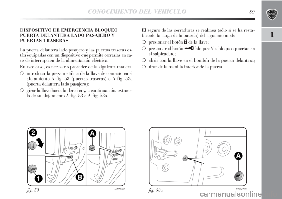 Lancia Delta 2013  Manual de Empleo y Cuidado (in Spanish) CONOCIMIENTO DEL VEHÍCULO89
1
DISPOSITIVO DE EMERGENCIA BLOQUEO
PUERTA DELANTERA LADO PASAJERO Y
PUERTAS TRASERAS
La puerta delantera lado pasajero y las puertas traseras es-
tán equipadas con un di