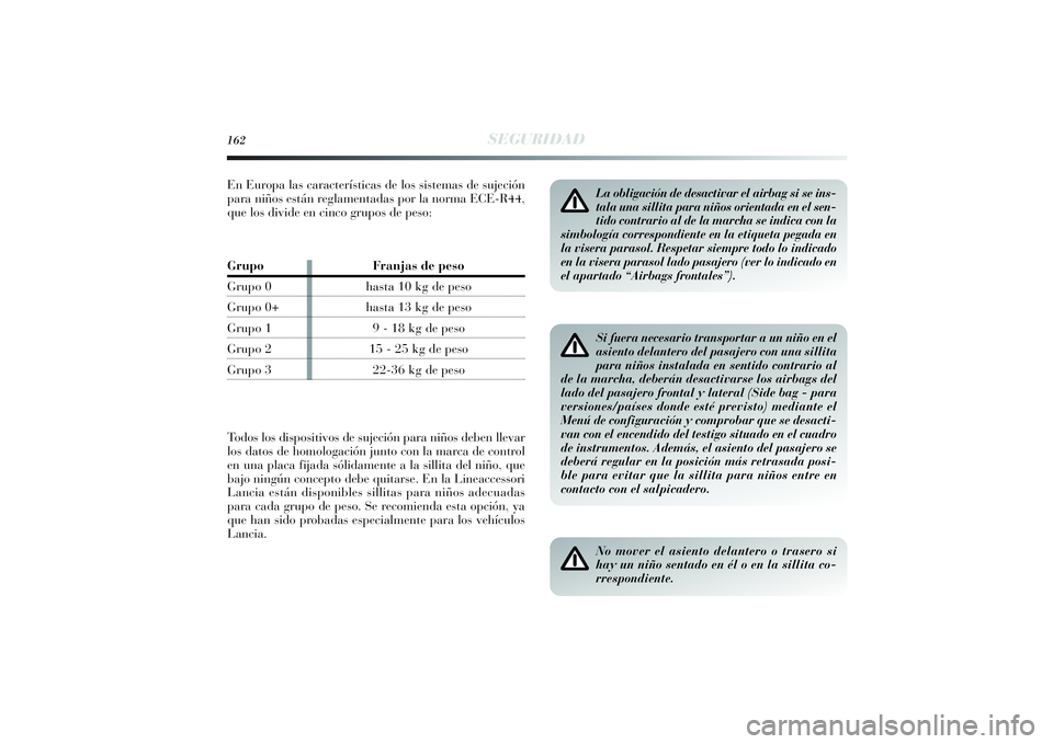 Lancia Delta 2014  Manual de Empleo y Cuidado (in Spanish) 162
SEGURIDAD
Si fuera necesario transportar a un niño en el
asiento delantero del pasajero con una sillita
para niños instalada en sentido contrario al
de la marcha, deberán desactivarse los airba