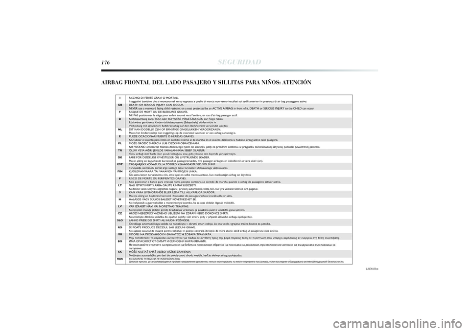 Lancia Delta 2014  Manual de Empleo y Cuidado (in Spanish) 176
SEGURIDAD
AIRBAG FRONTAL DEL LADO PASAJERO Y SILLITAS PARA NIÑOS: ATENCIÓN
L0E0321m
155-182 Delta ES 1ed  03/09/13  12.05  Pagina 176 
