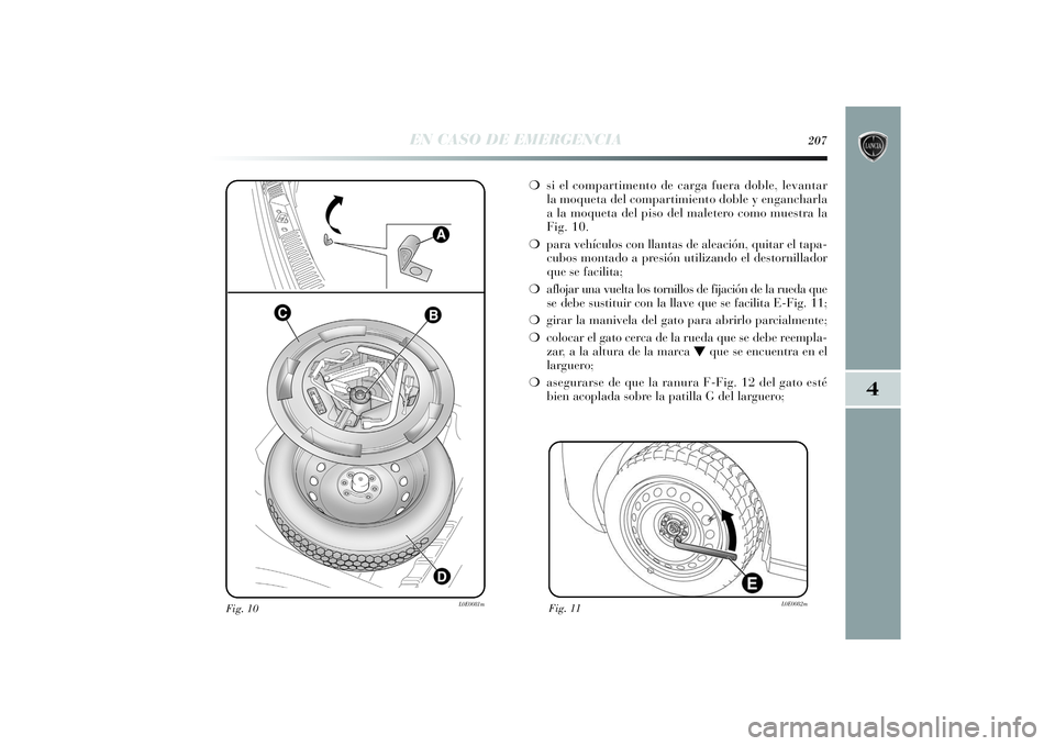 Lancia Delta 2014  Manual de Empleo y Cuidado (in Spanish) 4
EN CASO DE EMERGENCIA
207
Fig. 10
L0E0081m
❍si el compartimento de carga fuera doble, levantar
la moqueta del compartimiento doble y engancharla
a la moqueta del piso del maletero como muestra la
