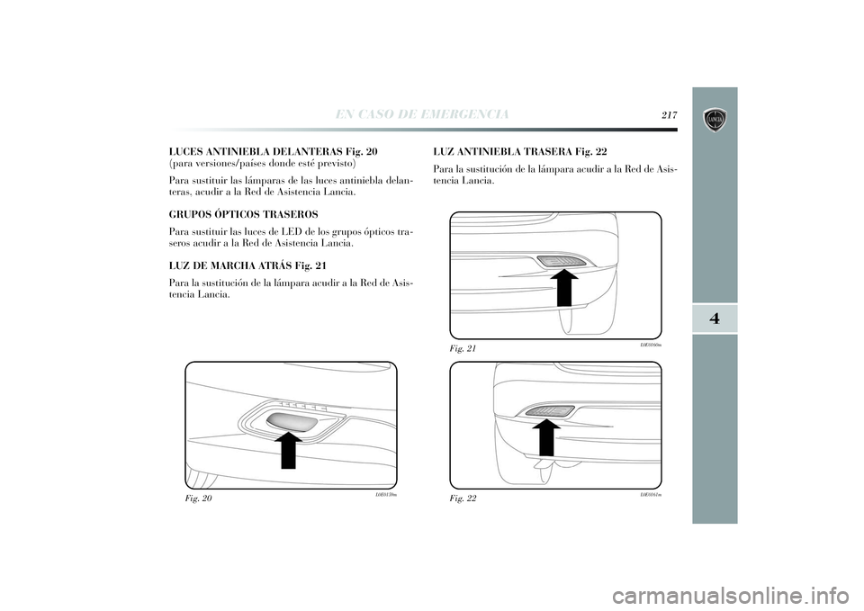 Lancia Delta 2014  Manual de Empleo y Cuidado (in Spanish) 4
EN CASO DE EMERGENCIA
217
LUCES ANTINIEBLA DELANTERAS Fig. 20 
(para versiones/países donde esté previsto)
Para sustituir las lámparas de las luces antiniebla delan-
teras, acudir a la Red de Asi