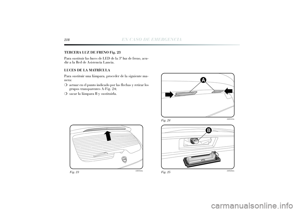 Lancia Delta 2014  Manual de Empleo y Cuidado (in Spanish) 218
EN CASO DE EMERGENCIA
TERCERA LUZ DE FRENO Fig. 23
Para sustituir las luces de LED de la 3ª luz de freno, acu-
dir a la Red de Asistencia Lancia.
LUCES DE LA MATRÍCULA
Para sustituir una lámpar