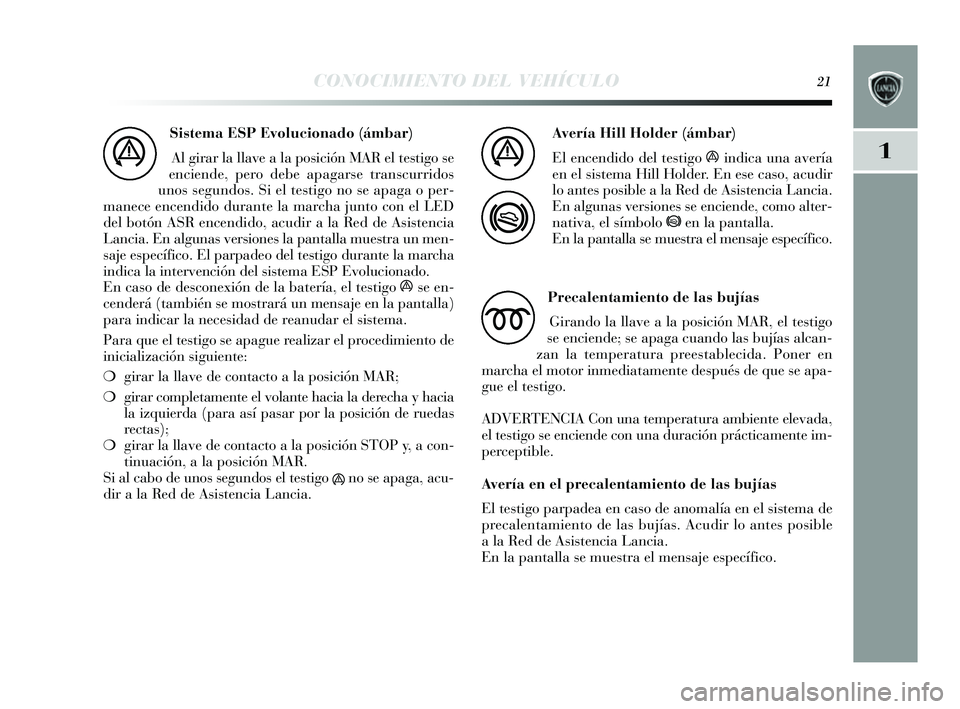 Lancia Delta 2014  Manual de Empleo y Cuidado (in Spanish) 1
CONOCIMIENTO DEL VEHÍCULO21
Sistema ESP Evolucionado (ámbar)Al girar la llave a la pos ición MAR el testigo  se
enciende, pero debe apagar se trans curridos
unos  s egundos . Si el tes tigo no se
