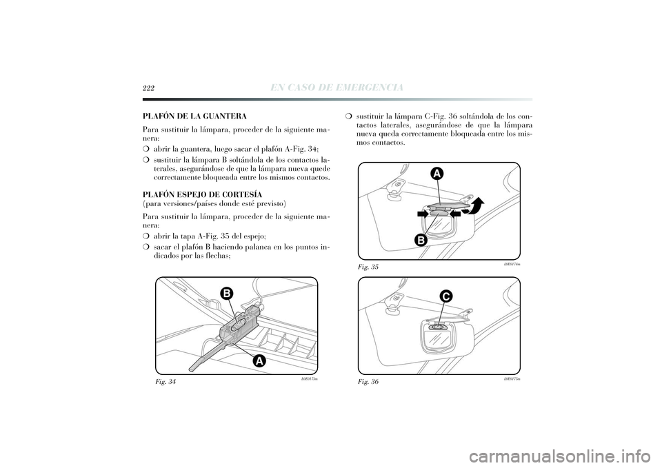 Lancia Delta 2014  Manual de Empleo y Cuidado (in Spanish) 222
EN CASO DE EMERGENCIA
Fig. 34
L0E0173m
Fig. 36
L0E0175m
Fig. 35
L0E0174m
PLAFÓN DE LA GUANTERA
Para sustituir la lámpara, proceder de la siguiente ma-
nera:
❍abrir la guantera, luego sacar el 