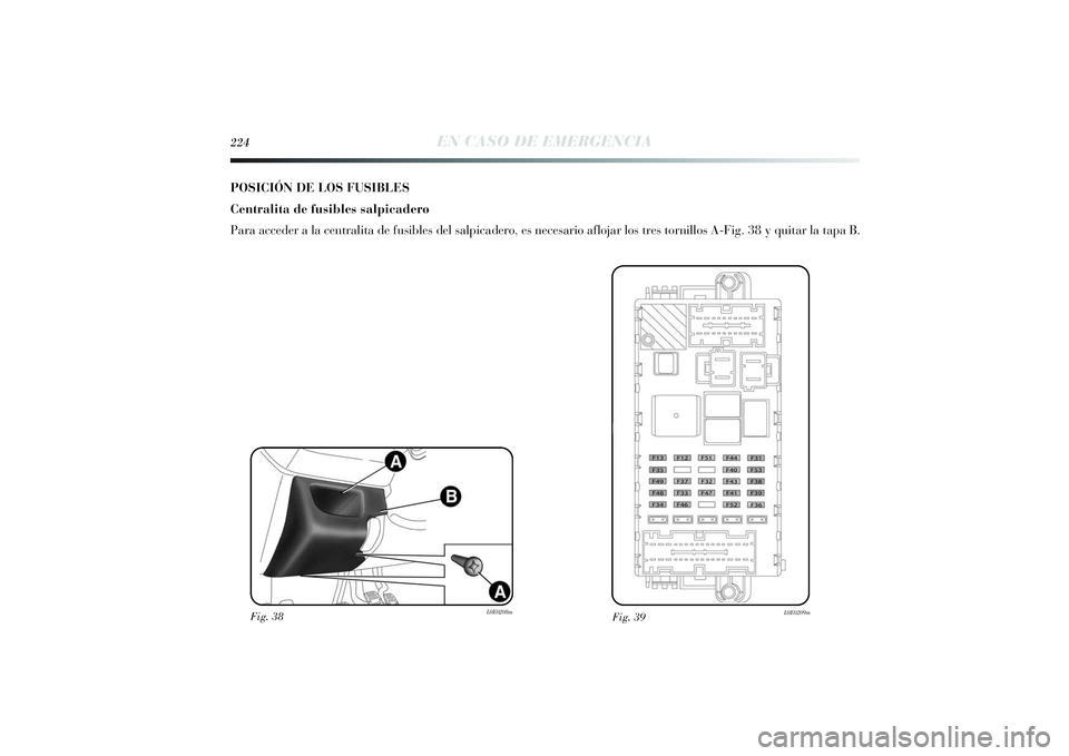 Lancia Delta 2014  Manual de Empleo y Cuidado (in Spanish) 224
EN CASO DE EMERGENCIA
POSICIÓN DE LOS FUSIBLES
Centralita de fusibles salpicadero
Para acceder a la centralita de fusibles del salpicadero, es necesario aflojar los tres tornillos A-Fig. 38 y qui