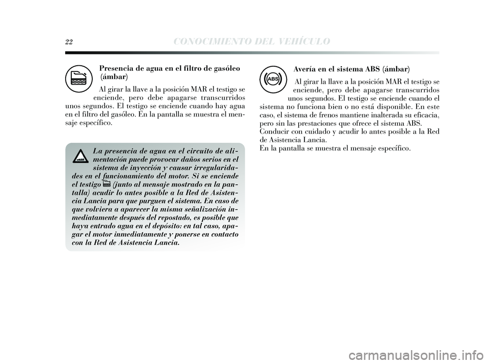 Lancia Delta 2014  Manual de Empleo y Cuidado (in Spanish) 22CONOCIMIENTO DEL VEHÍCULO
Presencia de agua en el filtro de gasóleo 
(ámbar)
Al girar la llave a la pos ición MAR el testigo  se
enciende, pero debe apagar se trans curridos
unos  s egundos . El