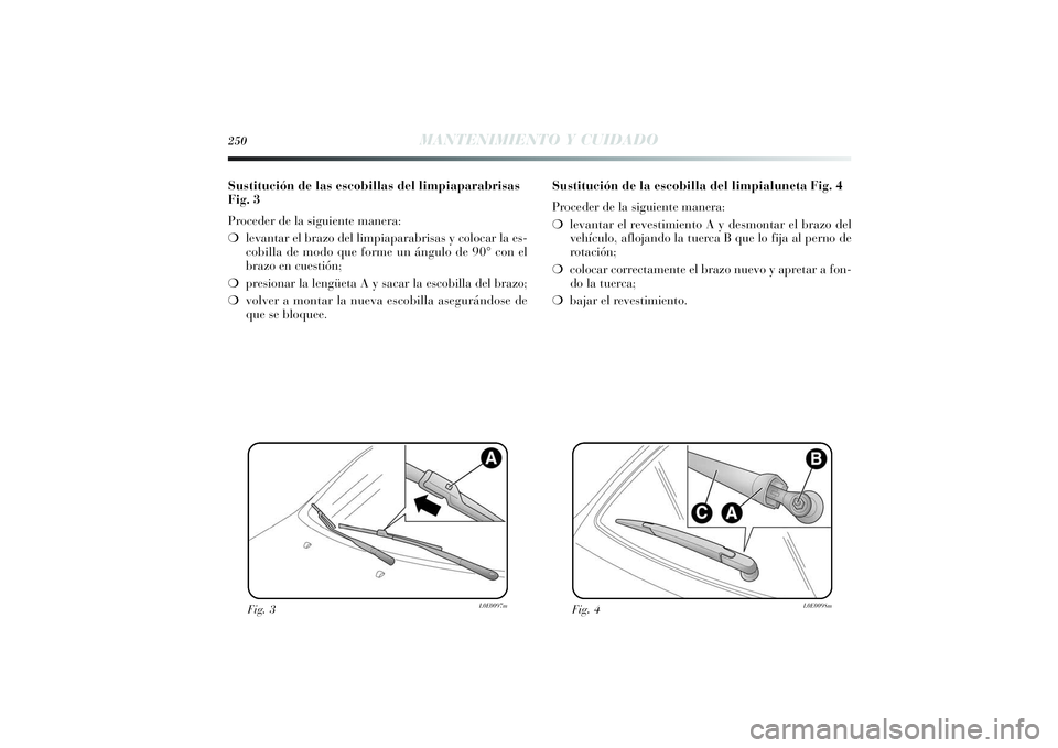 Lancia Delta 2014  Manual de Empleo y Cuidado (in Spanish) 250
MANTENIMIENTO Y CUIDADO
Sustitución de las escobillas del limpiaparabrisas
Fig. 3
Proceder de la siguiente manera:
❍levantar el brazo del limpiaparabrisas y colocar la es-
cobilla de modo que f