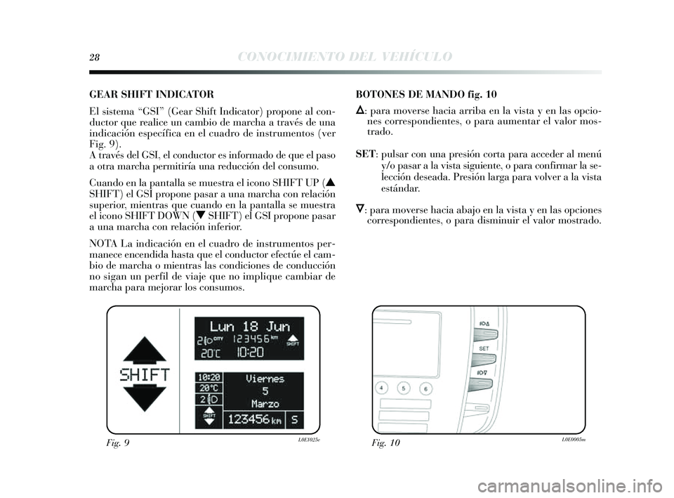 Lancia Delta 2014  Manual de Empleo y Cuidado (in Spanish) 28CONOCIMIENTO DEL VEHÍCULO
GEAR SHIFT INDICATOR 
El sis tema “GSI” (Gear Shift Indicator) propone al con-
ductor que realice un cambio de marcha a travé s de una
indicación es pecífica en el 