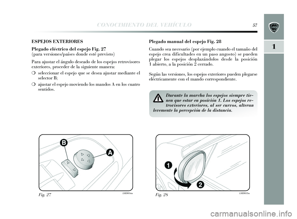 Lancia Delta 2014  Manual de Empleo y Cuidado (in Spanish) 1
CONOCIMIENTO DEL VEHÍCULO57
ESPEJOS EXTERIORES
Plegado eléctrico del espejo Fig. 27
(para versiones/países donde esté previsto)
Para ajus tar el ángulo de seado de lo s e spejos  retrovis ores
