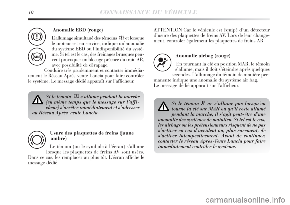 Lancia Delta 2008 Notice dentretien (in French) 10CONNAISSANCE DU VÉHICULE
Si le témoin xs’allume pendant la marche
(en même temps que le message sur l’affi-
cheur) s’arrêter immédiatement et s’adresser
au Réseau Après-vente Lancia. Lancia Delta 2008 Notice dentretien (in French) 10CONNAISSANCE DU VÉHICULE
Si le témoin xs’allume pendant la marche
(en même temps que le message sur l’affi-
cheur) s’arrêter immédiatement et s’adresser
au Réseau Après-vente Lancia.