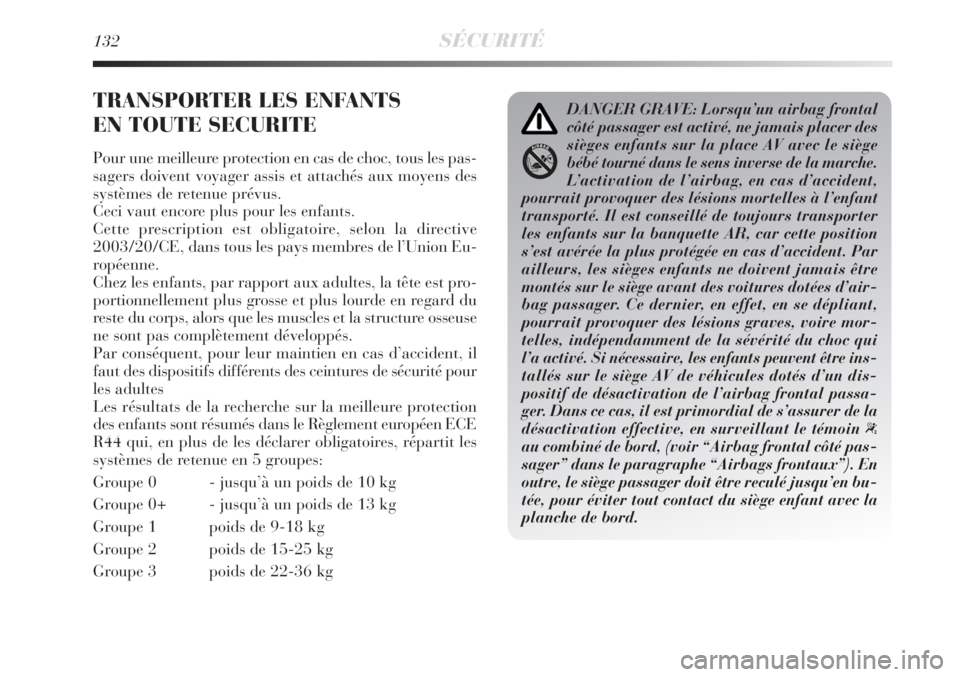Lancia Delta 2008  Notice dentretien (in French) 132SÉCURITÉ
TRANSPORTER LES ENFANTS 
EN TOUTE SECURITE
Pour une meilleure protection en cas de choc, tous les pas-
sagers doivent voyager assis et attachés aux moyens des
systèmes de retenue prév