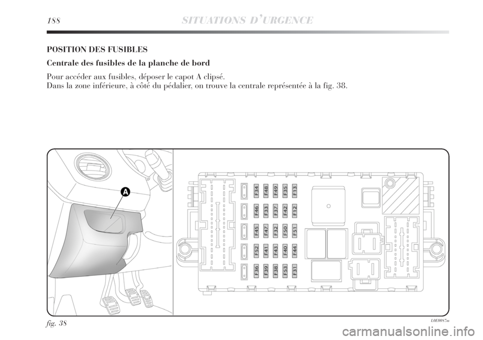 Lancia Delta 2009  Notice dentretien (in French) 188SITUATIONS D’URGENCE
fig. 38L0E0087m
POSITION DES FUSIBLES
Centrale des fusibles de la planche de bord
Pour accéder aux fusibles, déposer le capot A clipsé. 
Dans la zone inférieure, à côt