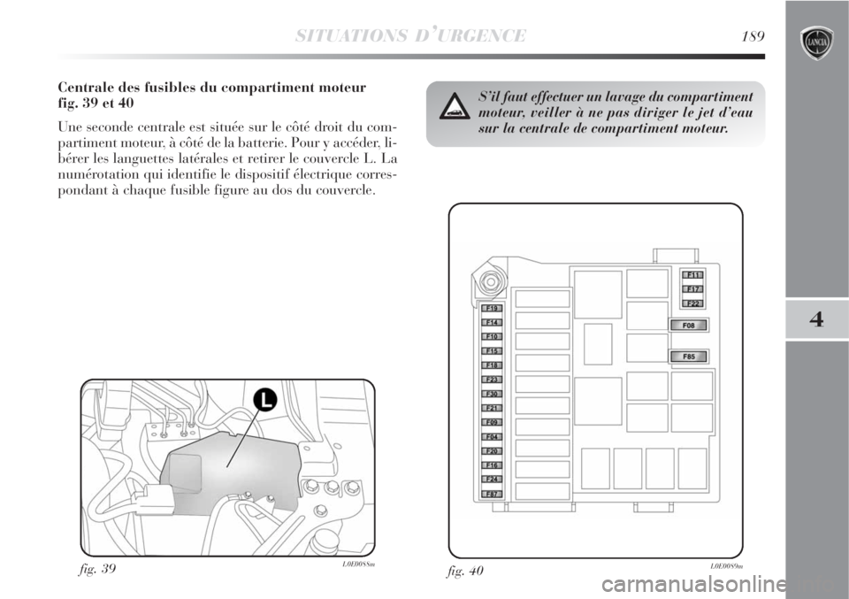 Lancia Delta 2009  Notice dentretien (in French) SITUATIONS D’URGENCE189
4
Centrale des fusibles du compartiment moteur 
fig. 39 et 40
Une seconde centrale est située sur le côté droit du com-
partiment moteur, à côté de la batterie. Pour y 