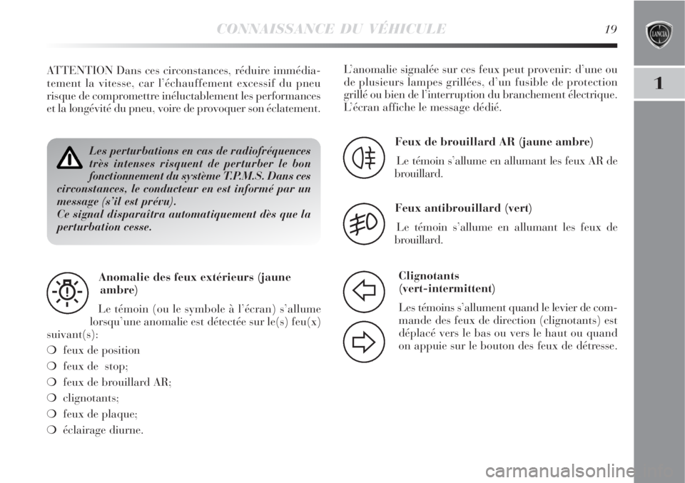 Lancia Delta 2008 Notice dentretien (in French) CONNAISSANCE DU VÉHICULE19
1
Les perturbations en cas de radiofréquences
très intenses risquent de perturber le bon
fonctionnement du système T.P.M.S. Dans ces
circonstances, le conducteur en est Lancia Delta 2008 Notice dentretien (in French) CONNAISSANCE DU VÉHICULE19
1
Les perturbations en cas de radiofréquences
très intenses risquent de perturber le bon
fonctionnement du système T.P.M.S. Dans ces
circonstances, le conducteur en est