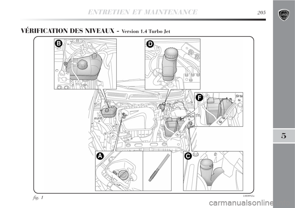 Lancia Delta 2009  Notice dentretien (in French) ENTRETIEN ET MAINTENANCE205
5
VÉRIFICATION DES NIVEAUX - Version 1.4 Turbo Jet
fig. 1L0E0092m 